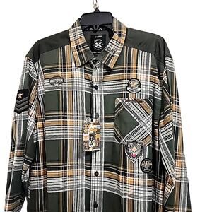 Born Fly Anytown XL Shirt Mens Green Brown Plaid Button Front Long Sleeve